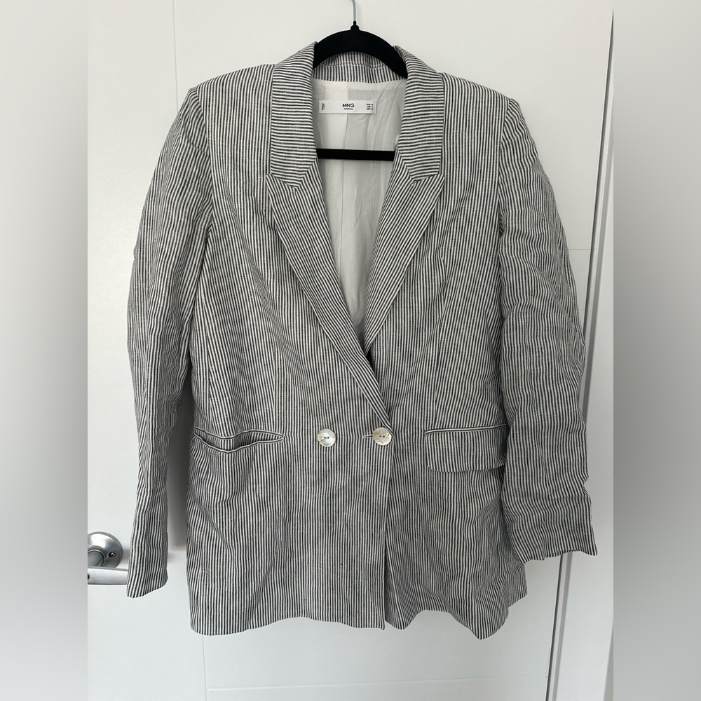 MANGO Striped Linen Blend Blazer Oversized Lightweight Spring Summer Jacket